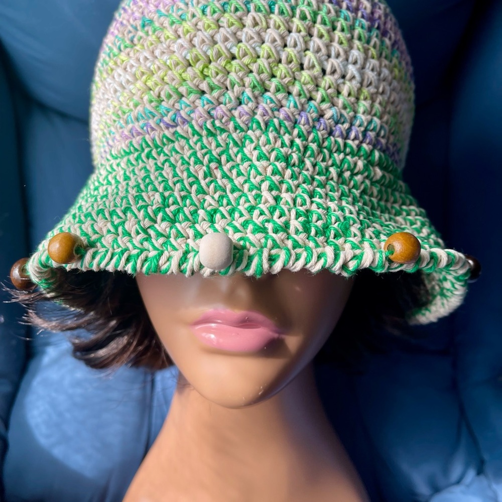 Green and White Crochet Bucket Hat